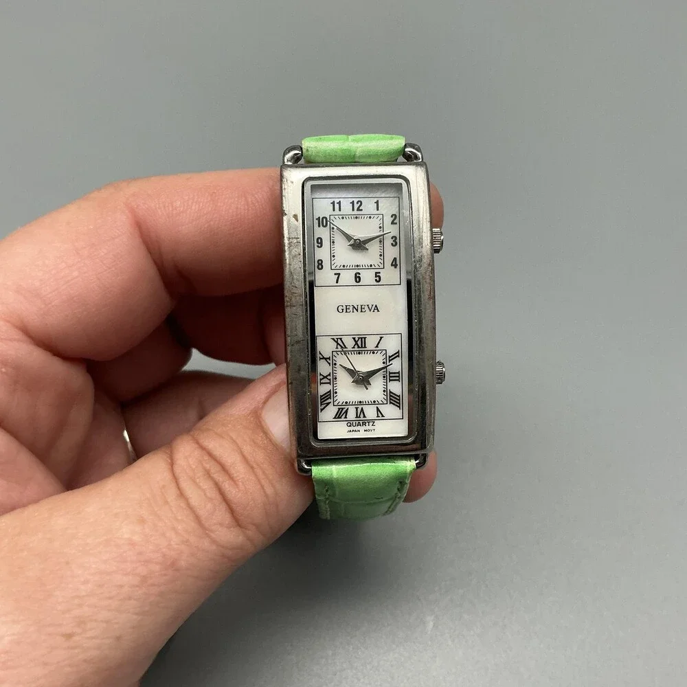 Geneva Womens Watch 21mm White MOP Dual Time Dial Green Leather New Battery